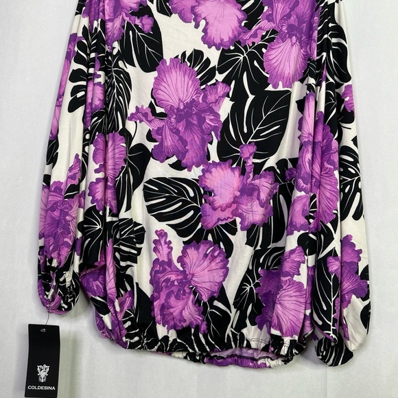 Floral Print Women's Bat Sleeve Elastic Waist Purple and Black Blouse - Picture 4 of 6